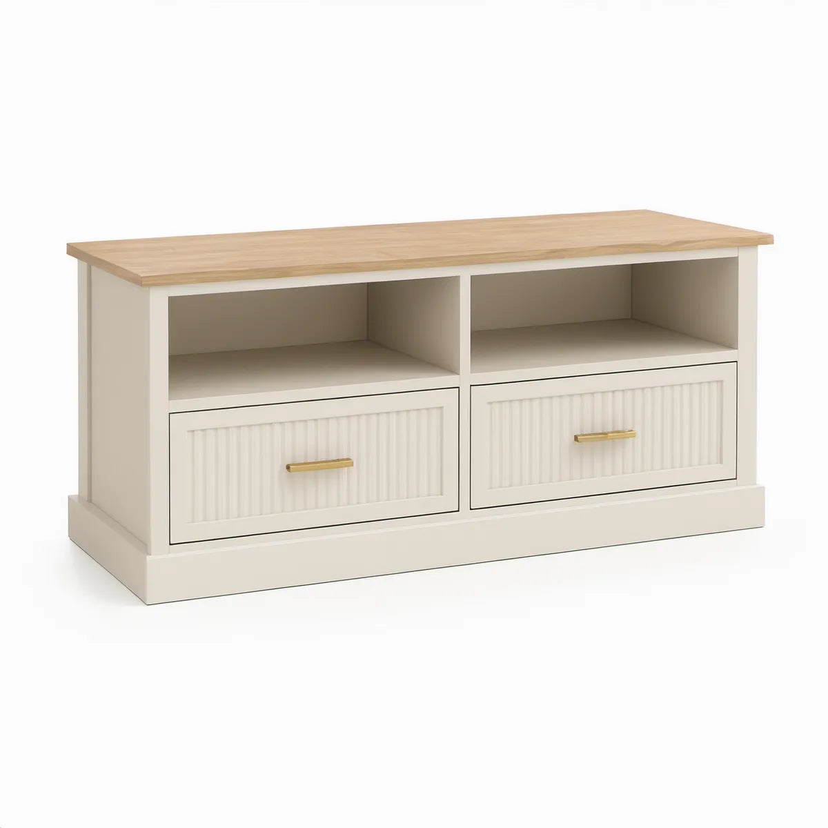 TV stolek z MDF se 2 zásuvkami a 2 otevřenými přihrádkami, krémový s dekorem přírodního dubu, 120 × 40 × 60 cm