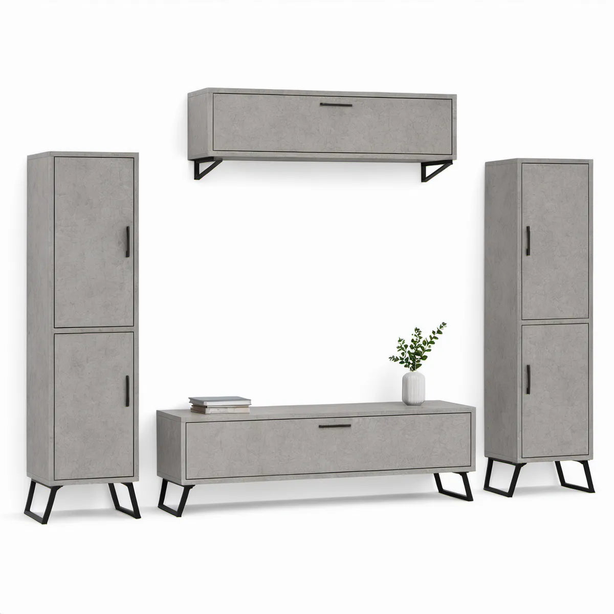 Obývací sestava v betonově šedé a černé barvě, TV stolek 140 × 40 × 45 cm